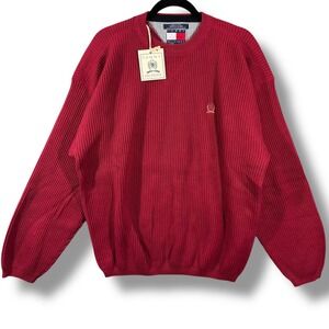 NWT Tommy Hilfiger Ribbed Heavy Knit Red Cotton Crewneck Sweater Mens Large